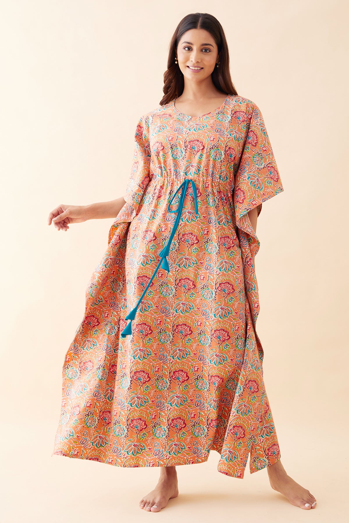 Monochrome Floral Printed Kaftan - Peach