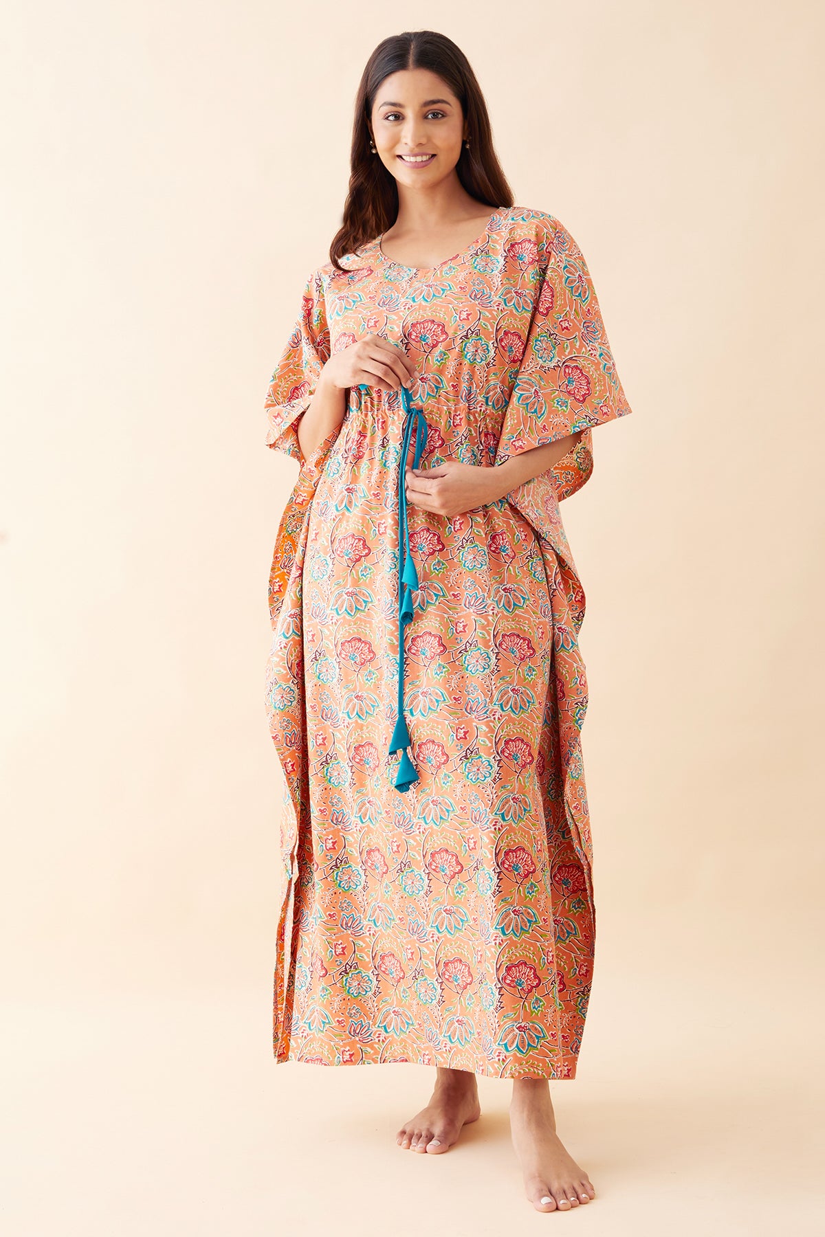 Monochrome Floral Printed Kaftan - Peach