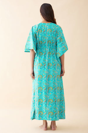 Monochrome Floral Printed Kaftan - Blue