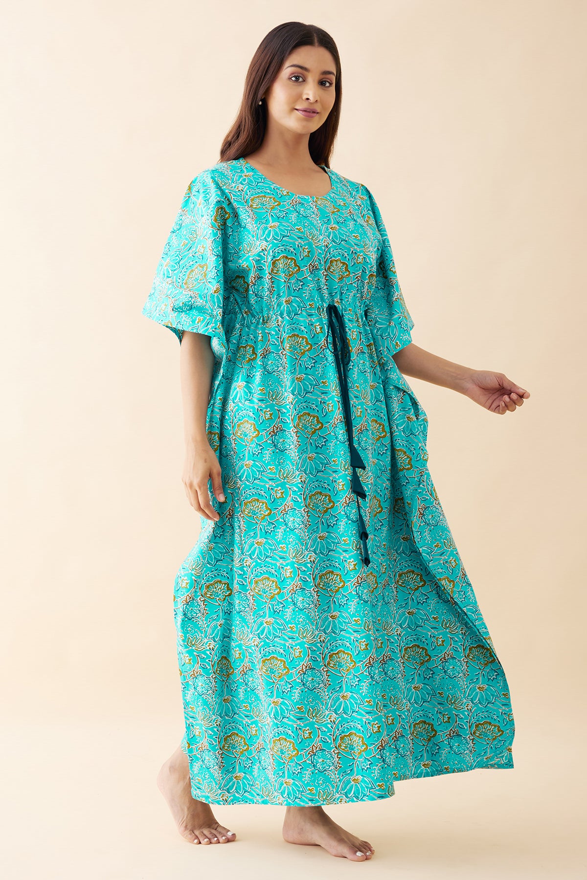 Monochrome Floral Printed Kaftan - Blue