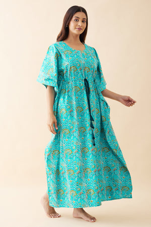 Monochrome Floral Printed Kaftan - Blue