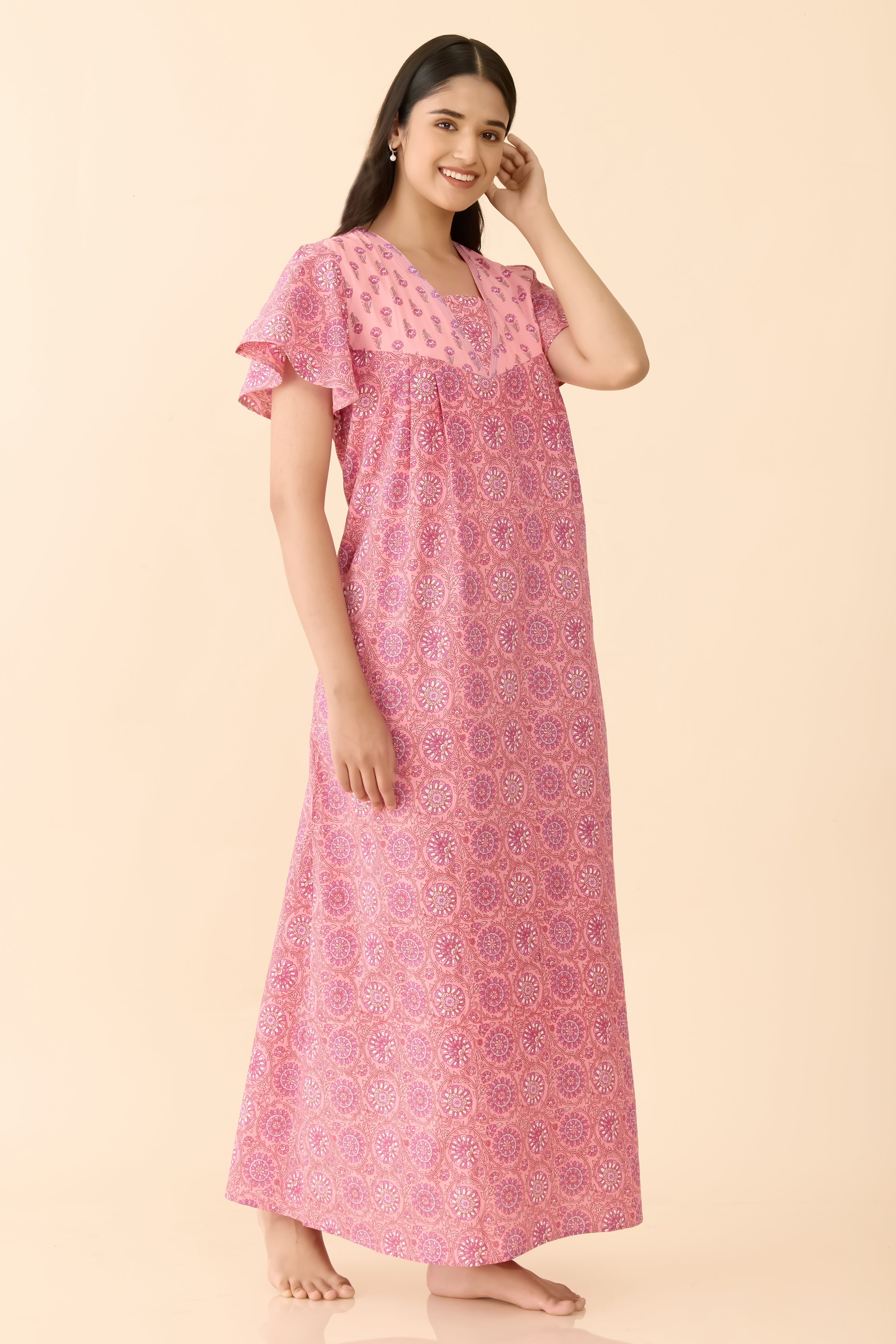 Pink Floral Printed Cotton Nightwear