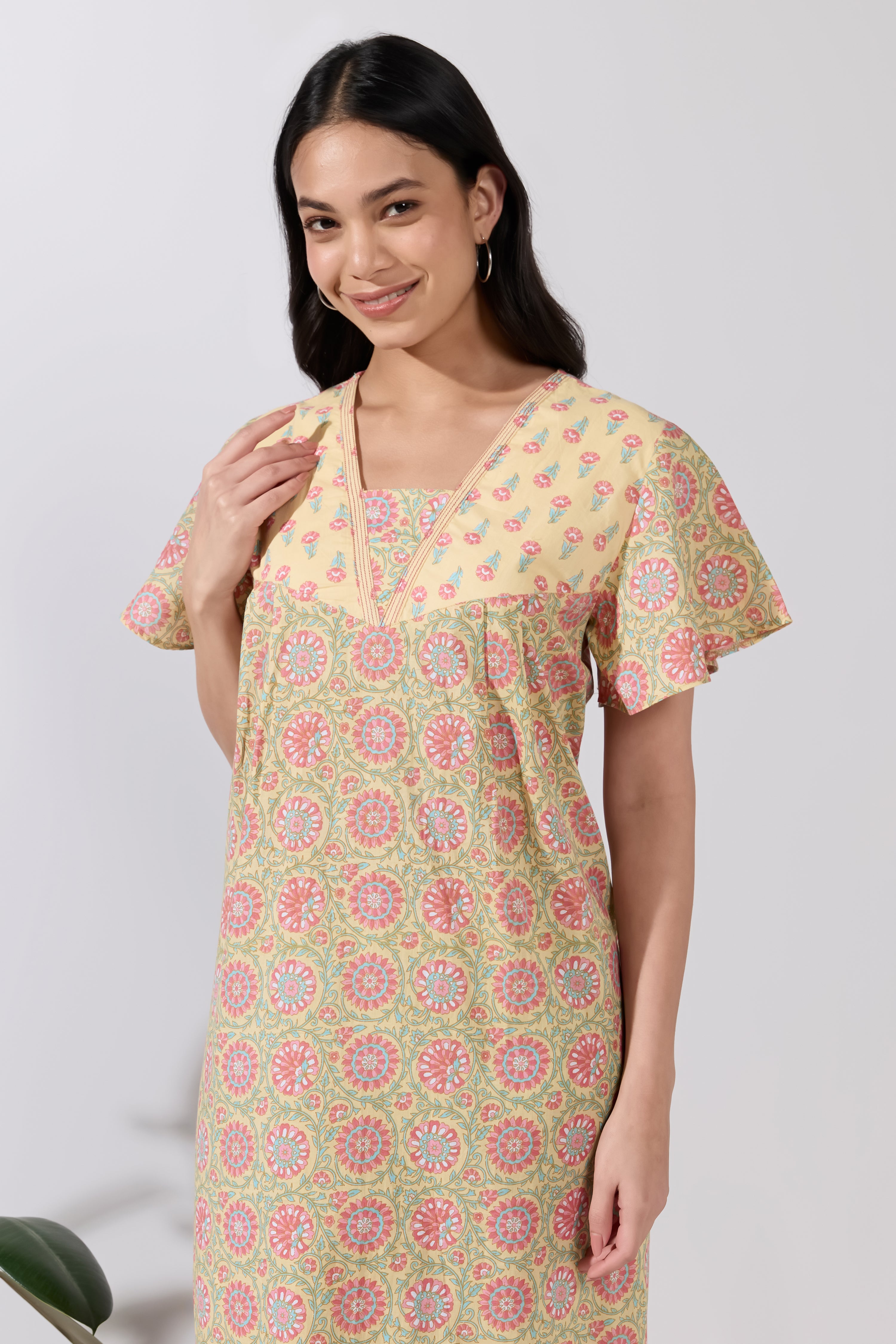 Yellow Floral Printed Cotton Nightwear