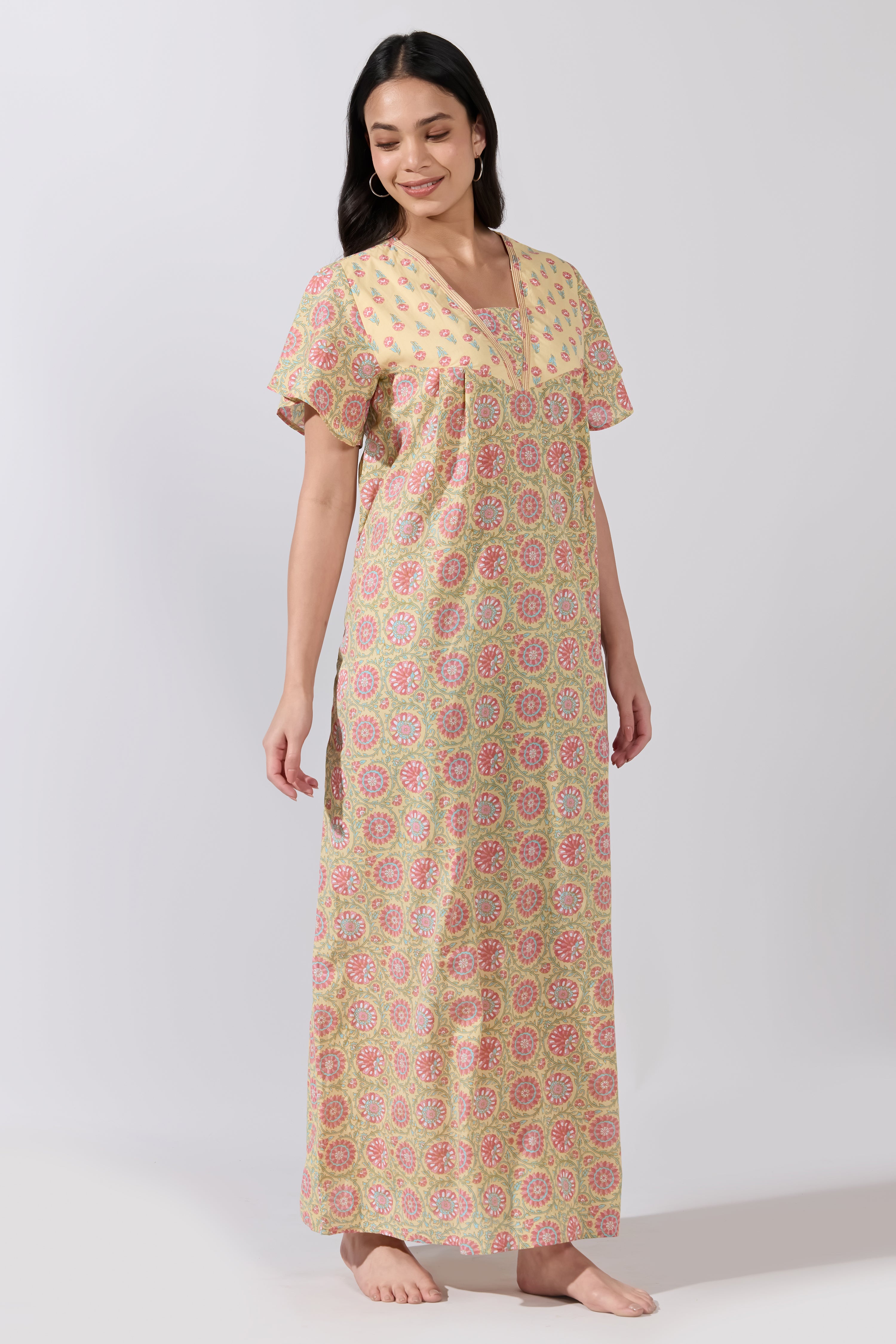Yellow Floral Printed Cotton Nightwear