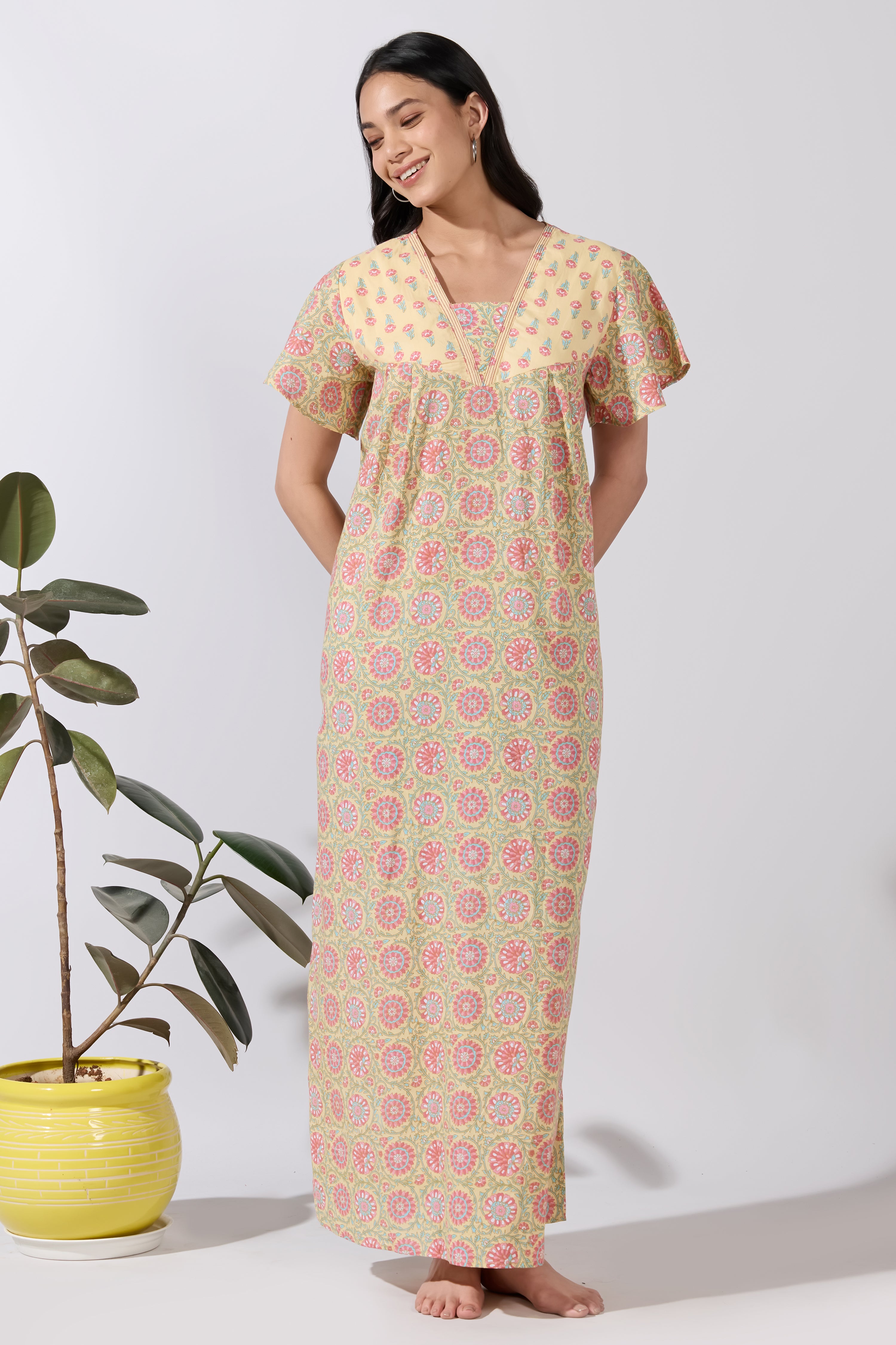 Yellow Floral Printed Cotton Nightwear