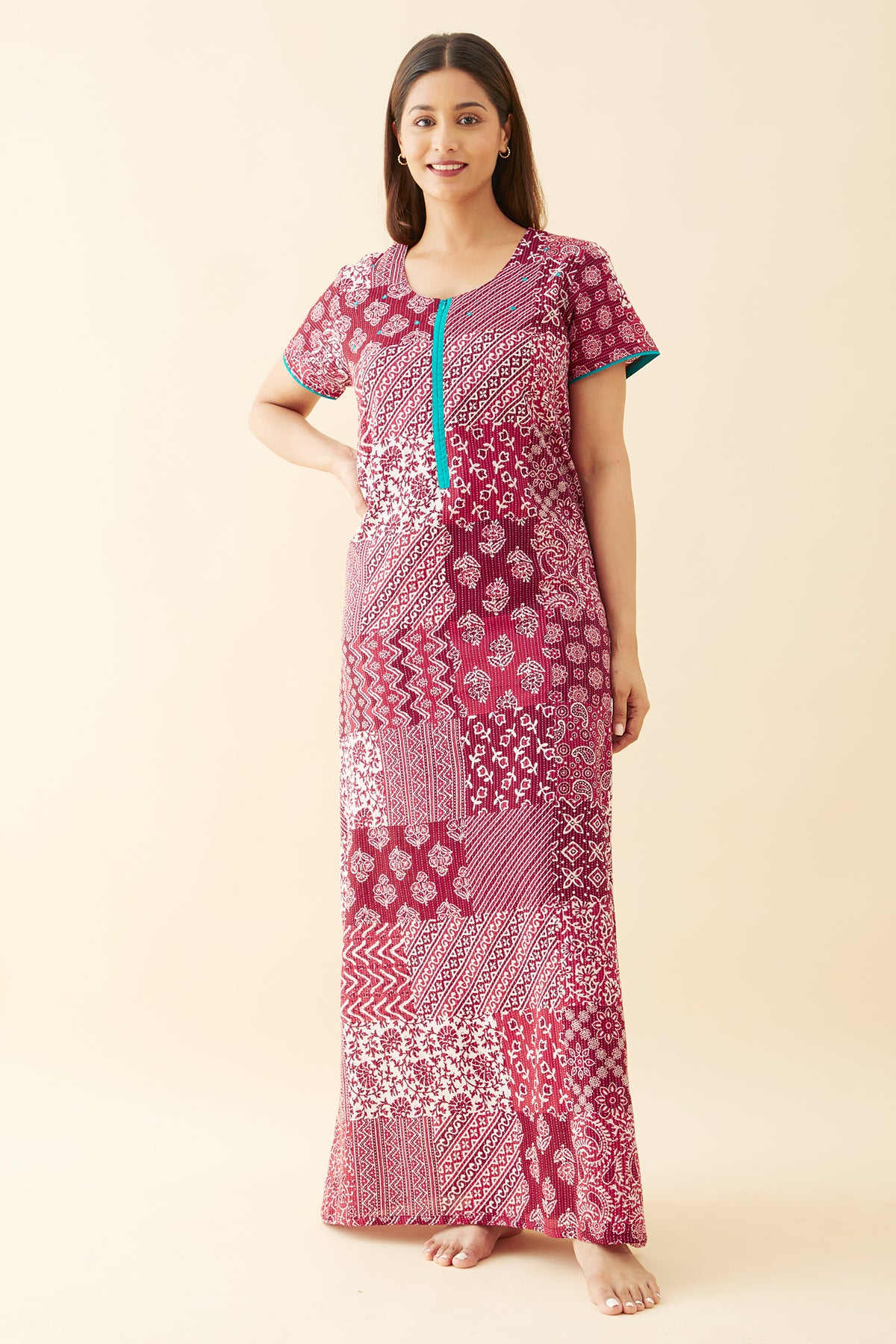 Ethnic Scarlet Tile Printed Nighty - Maroon