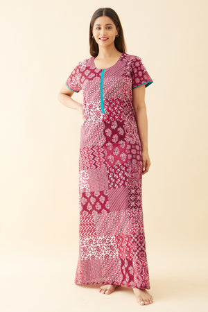 Ethnic Scarlet Tile Printed Nighty - Maroon