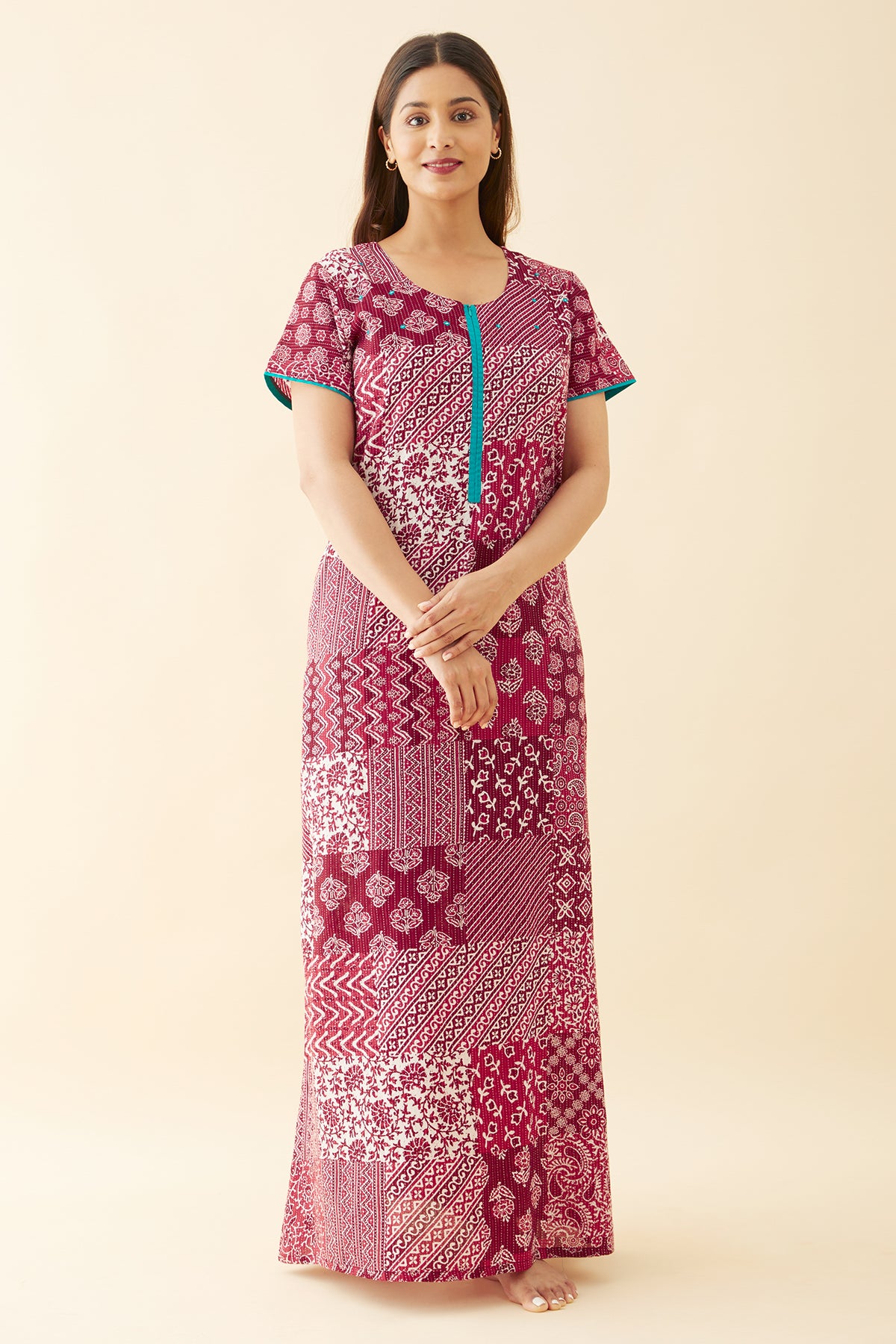 Ethnic Scarlet Tile Printed Nighty - Maroon