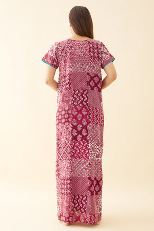 Ethnic Scarlet Tile Printed Nighty - Maroon