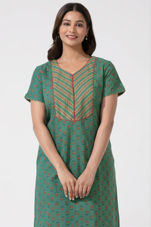Turquoise Floral Printed with Zip Closure Neck Cotton Nighty