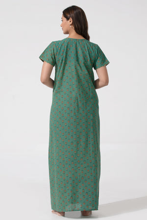 Turquoise Floral Printed with Zip Closure Neck Cotton Nighty