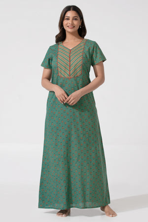 Turquoise Floral Printed with Zip Closure Neck Cotton Nighty