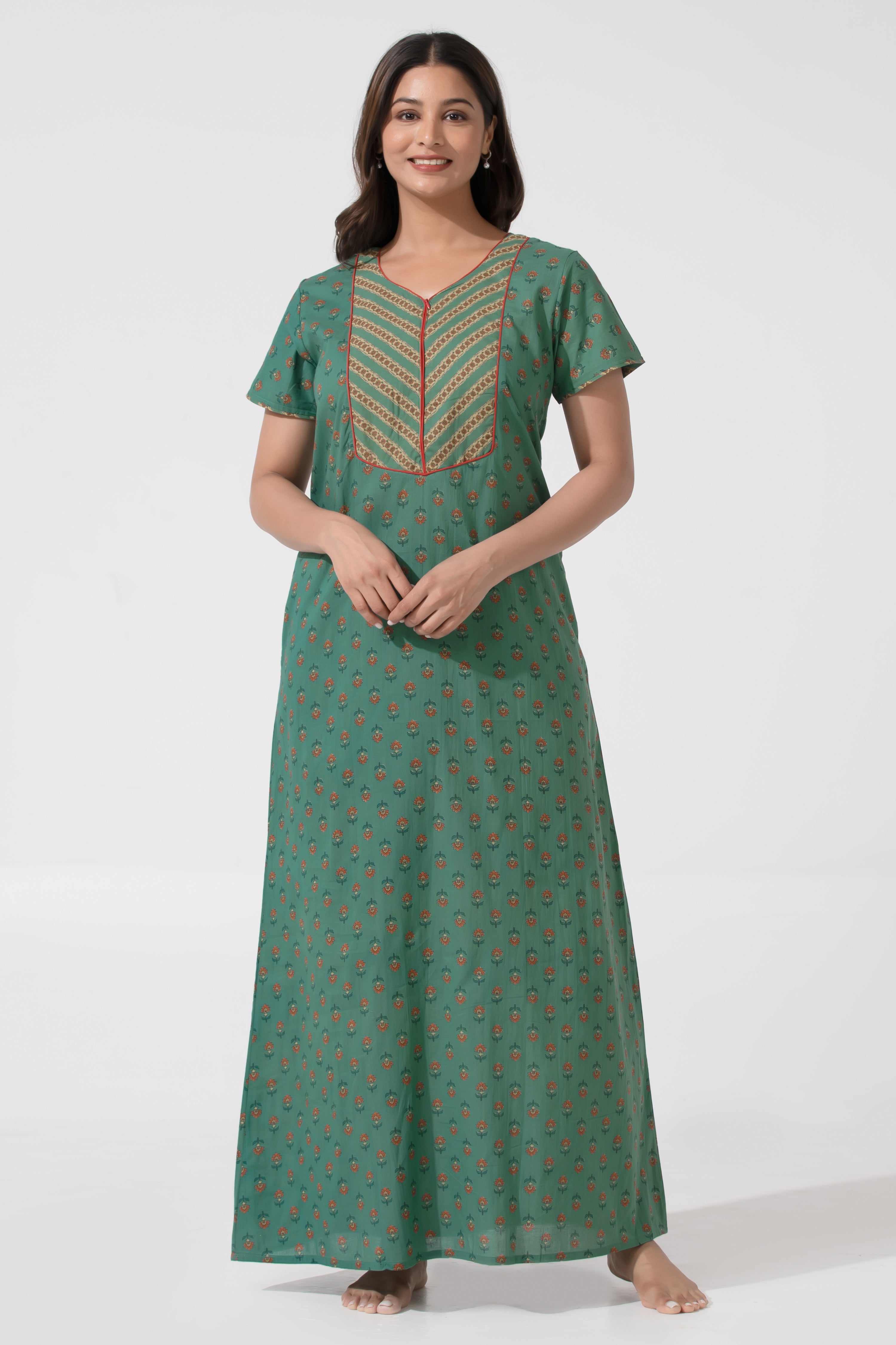 Turquoise Floral Printed with Zip Closure Neck Cotton Nighty