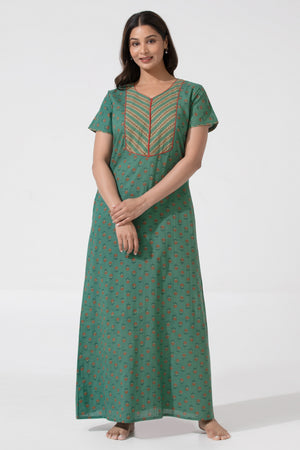Turquoise Floral Printed with Zip Closure Neck Cotton Nighty