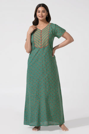 Turquoise Floral Printed with Zip Closure Neck Cotton Nighty