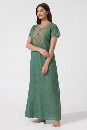 Turquoise Floral Printed with Zip Closure Neck Cotton Nighty