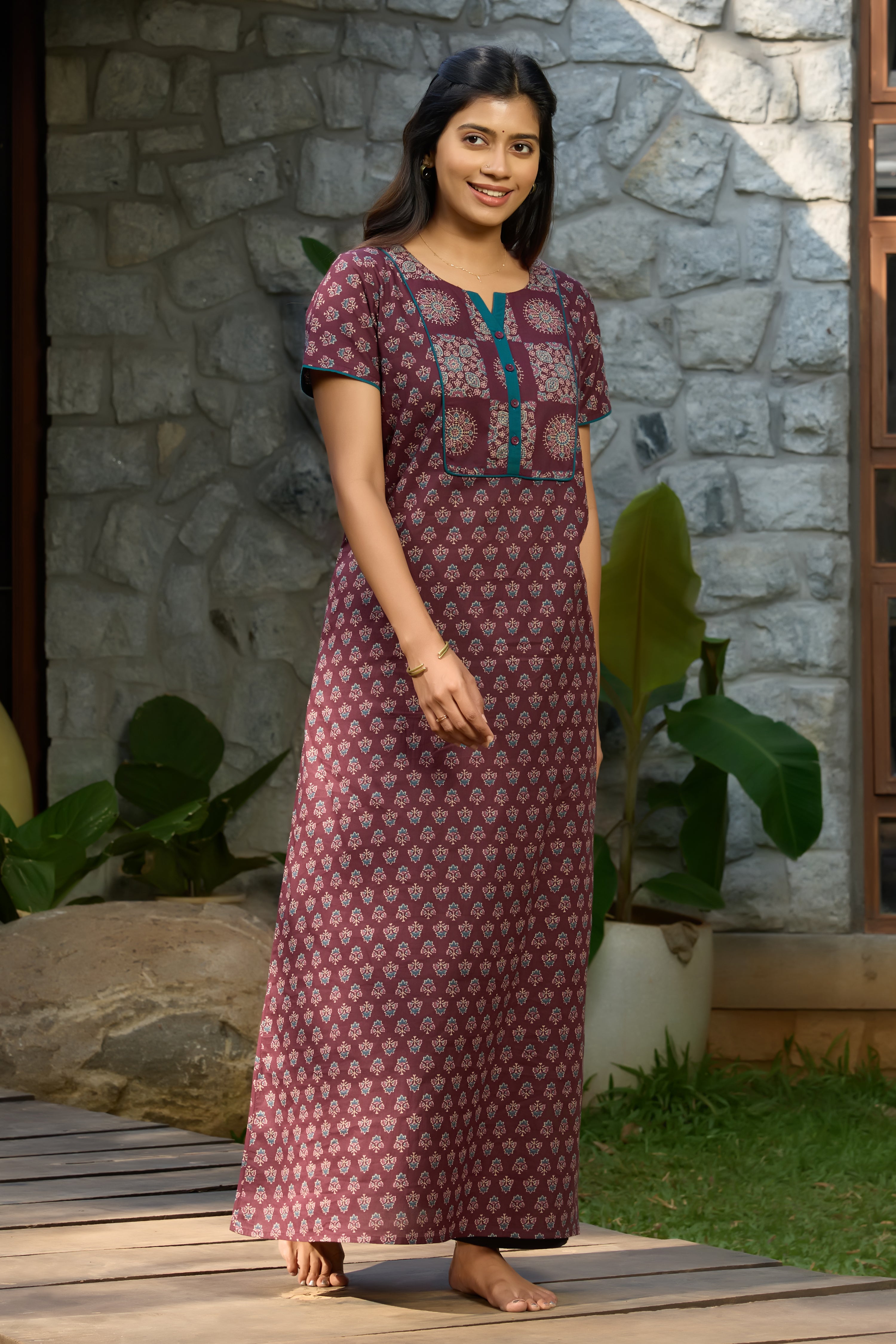 Mandala Printed Brown & Teal Cotton Nighty