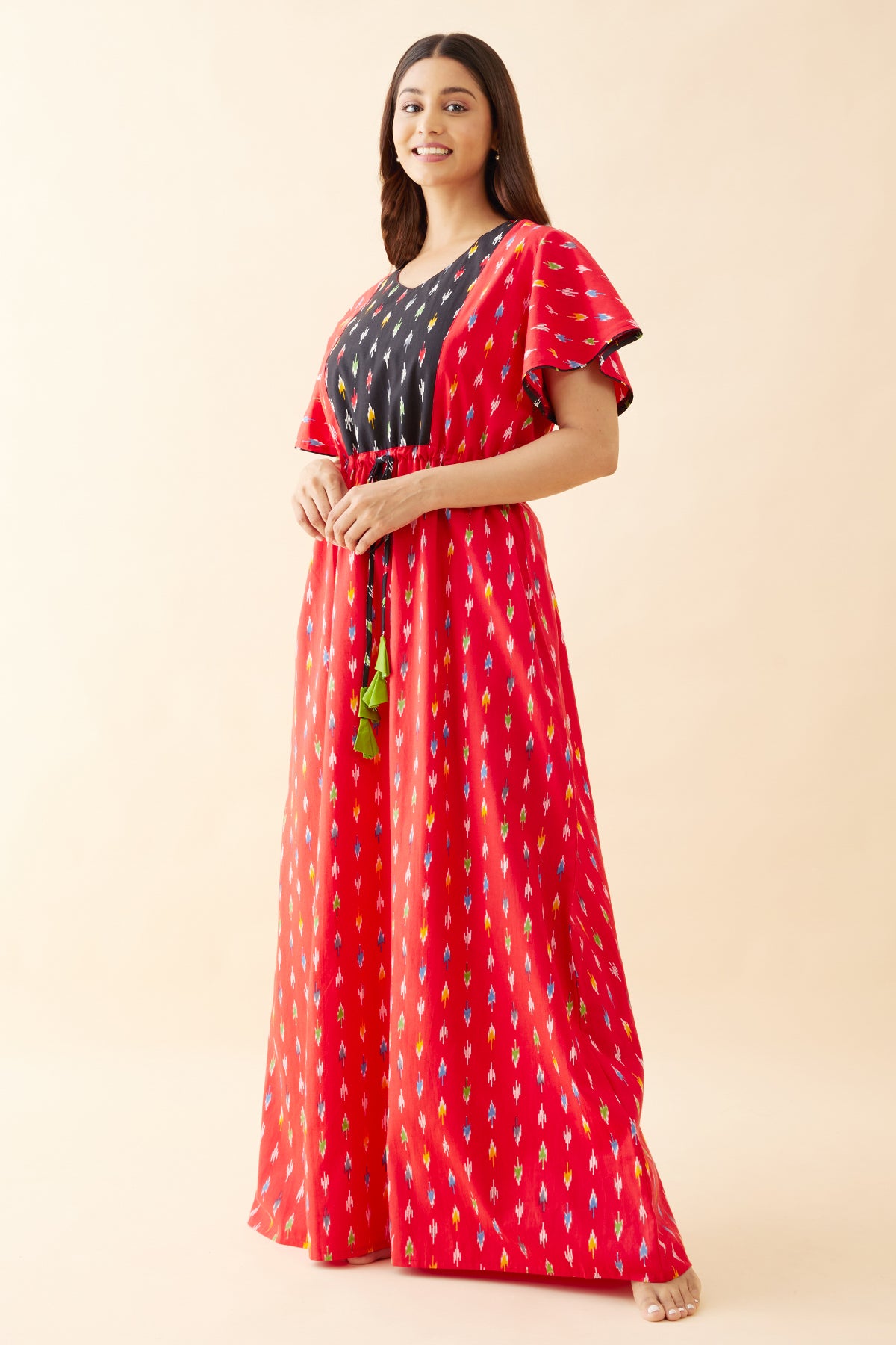 Abstract Printed Nighty with Tie-up - Red