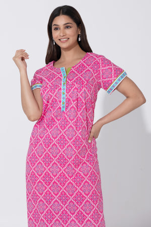 Pink Bandhej Cotton Nightwear with Functional Button