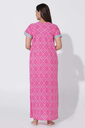 Pink Bandhej Cotton Nightwear with Functional Button