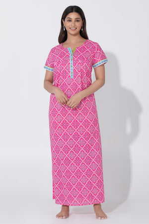 Pink Bandhej Cotton Nightwear with Functional Button