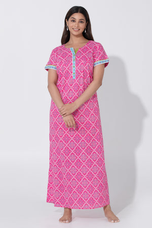 Pink Bandhej Cotton Nightwear with Functional Button