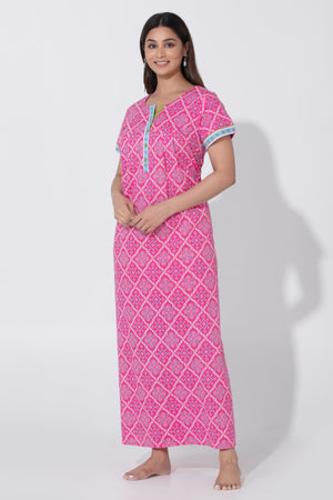 Pink Bandhej Cotton Nightwear with Functional Button