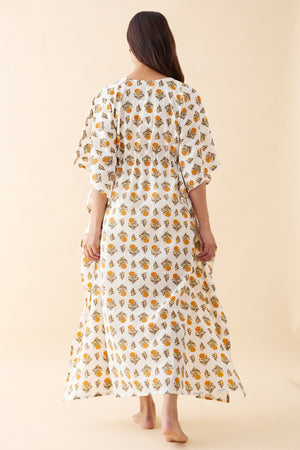 Floral Printed Kaftan with Tie-up - White