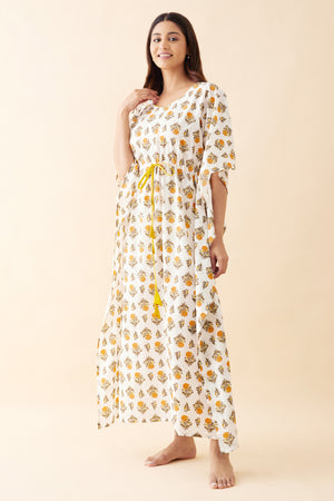 Floral Printed Kaftan with Tie-up - White