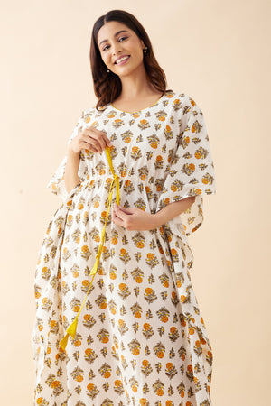 Floral Printed Kaftan with Tie-up - White