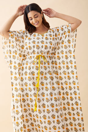 Floral Printed Kaftan with Tie-up - White