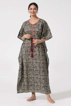 Blue Kalamkari Pinted Designed Kurti with Adjustable waist Tie Up Nighty