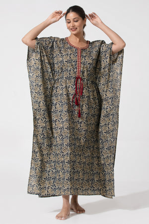Blue Kalamkari Pinted Designed Kurti with Adjustable waist Tie Up Nighty