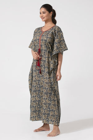 Blue Kalamkari Pinted Designed Kurti with Adjustable waist Tie Up Nighty