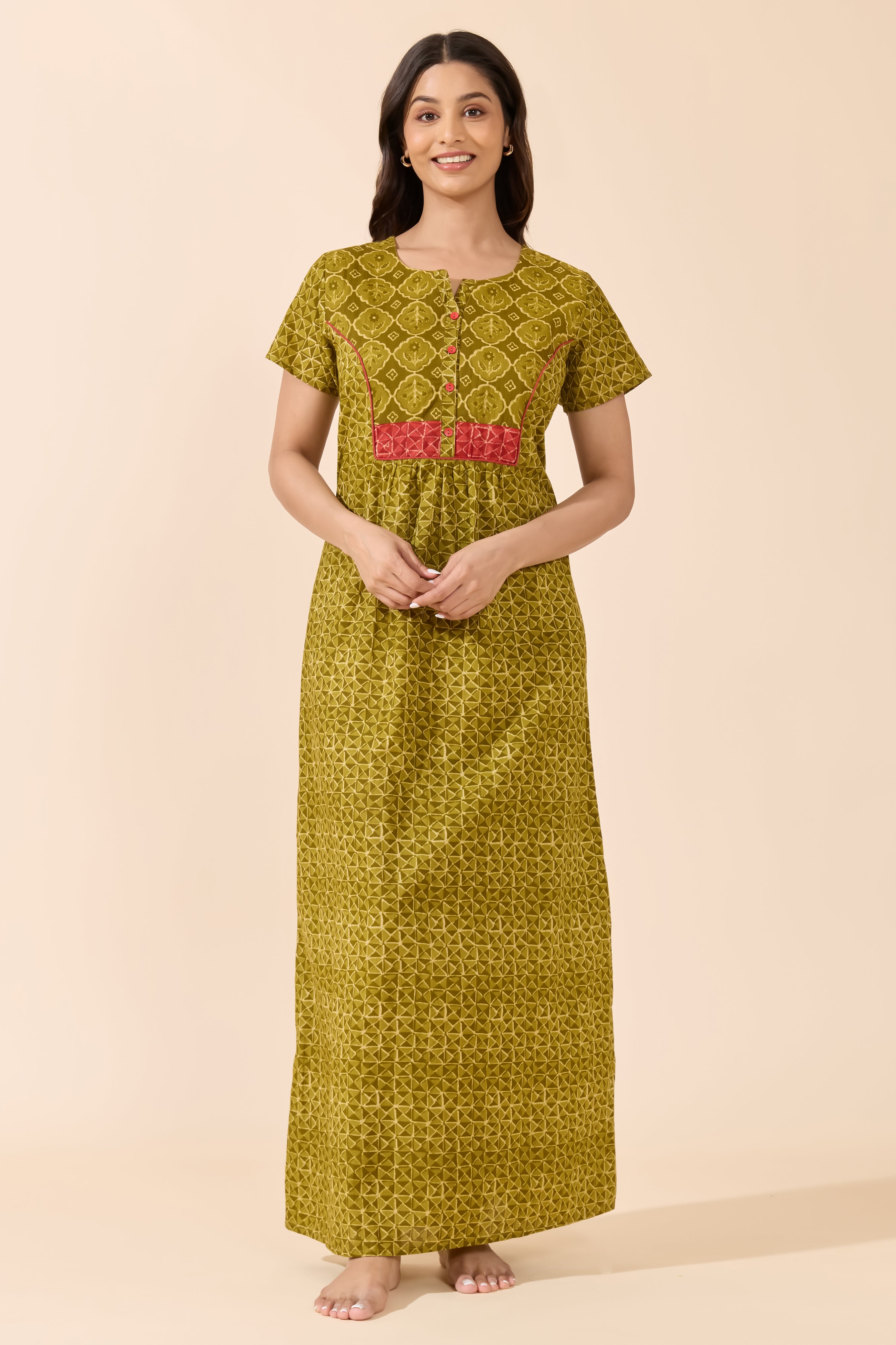 GREEN GEOMETRIC COTTON NIGHTWEAR WITH FLORAL YOKE