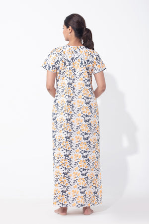 Batik Printed Floral Yellow & Grey Nighty