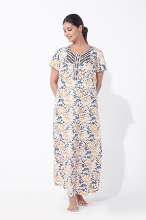 Batik Printed Floral Yellow & Grey Nighty