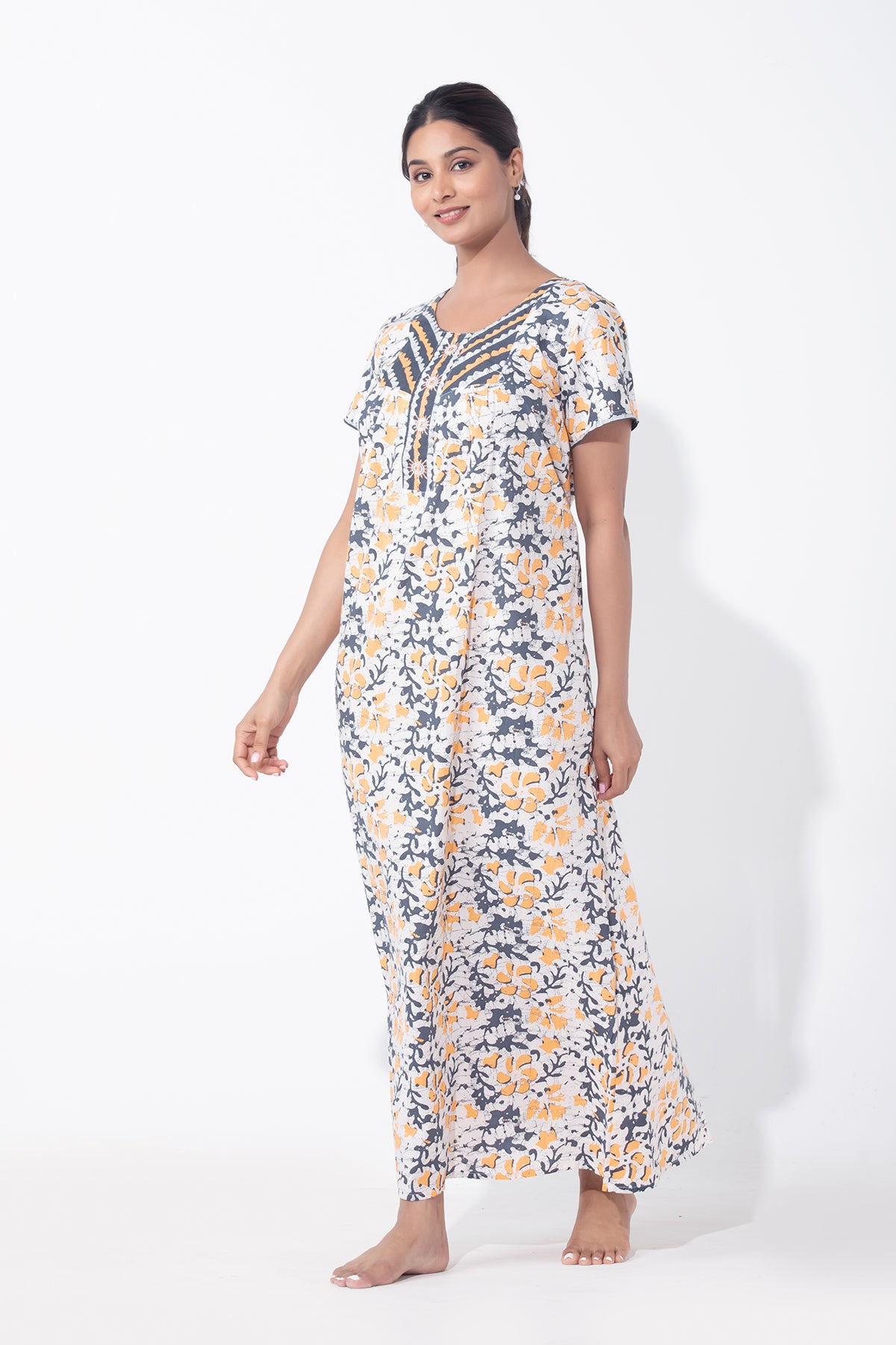Batik Printed Floral Yellow & Grey Nighty