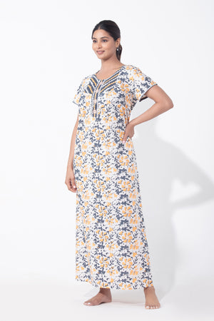 Batik Printed Floral Yellow & Grey Nighty