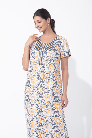 Batik Printed Floral Yellow & Grey Nighty