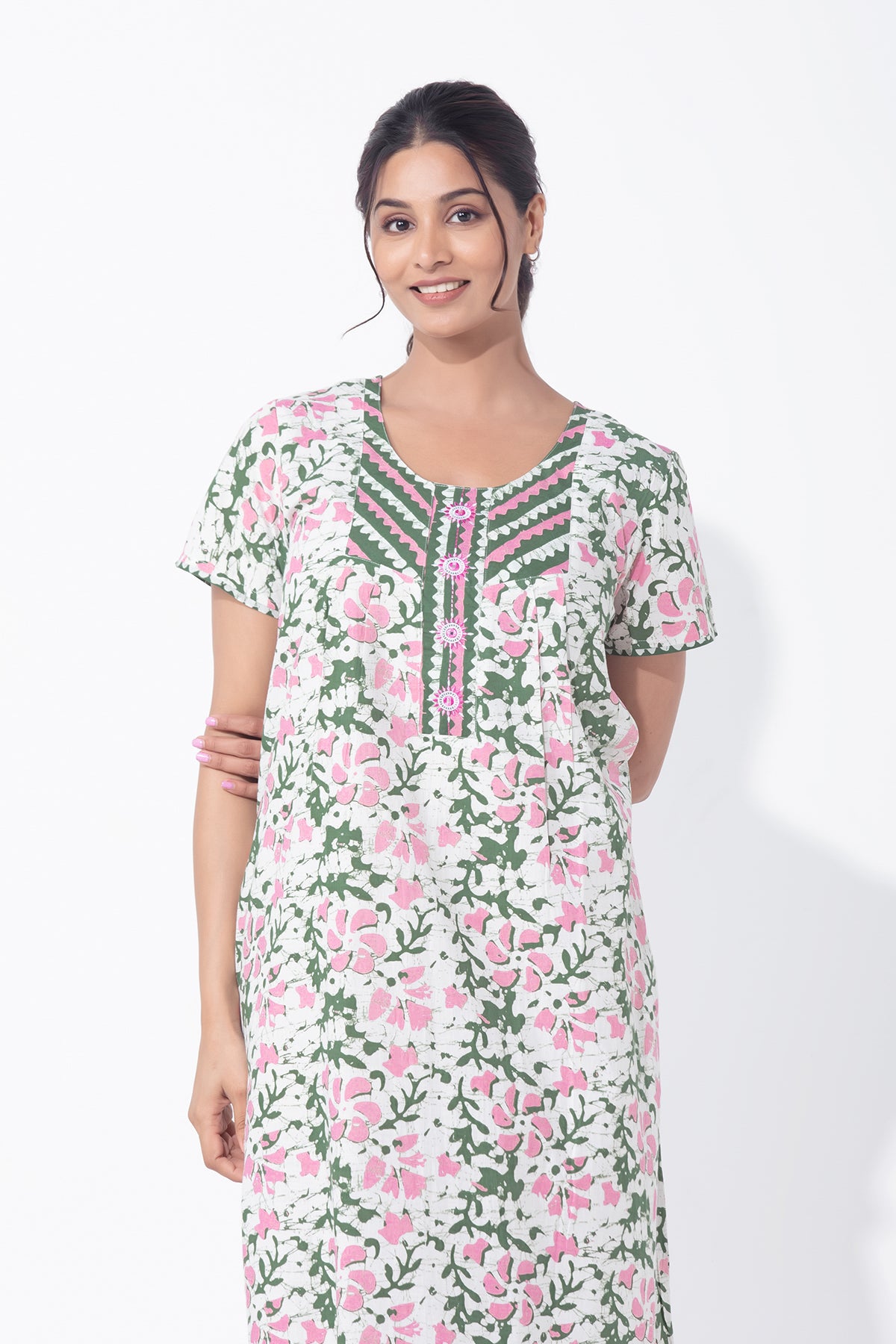 Batik Printed Floral Green & Pink Nighty