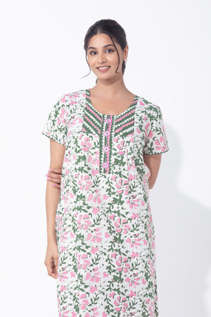 Batik Printed Floral Green & Pink Nighty