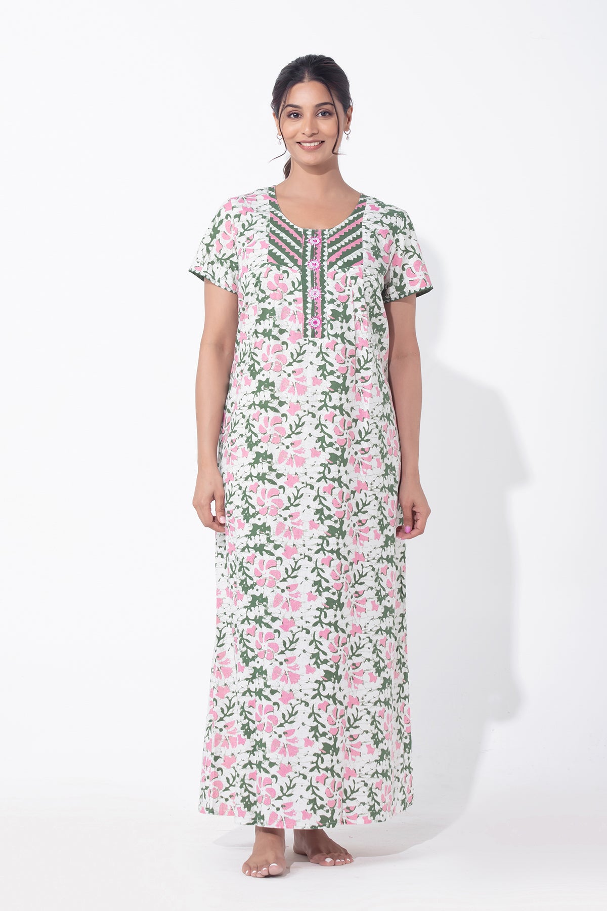 Batik Printed Floral Green & Pink Nighty