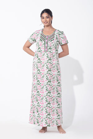 Batik Printed Floral Green & Pink Nighty