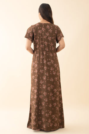 Abstract Floral Printed Nighty with Waist Tie-up - Brown