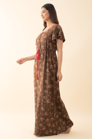 Abstract Floral Printed Nighty with Waist Tie-up - Brown