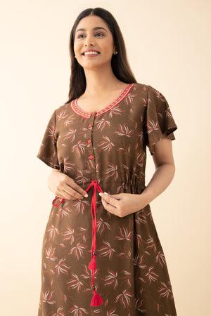 Abstract Floral Printed Nighty with Waist Tie-up - Brown