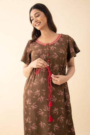 Abstract Floral Printed Nighty with Waist Tie-up - Brown