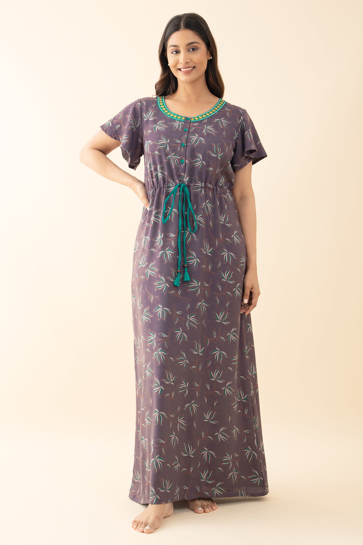 Abstract Floral Printed Nighty with Waist Tie-up - Purple