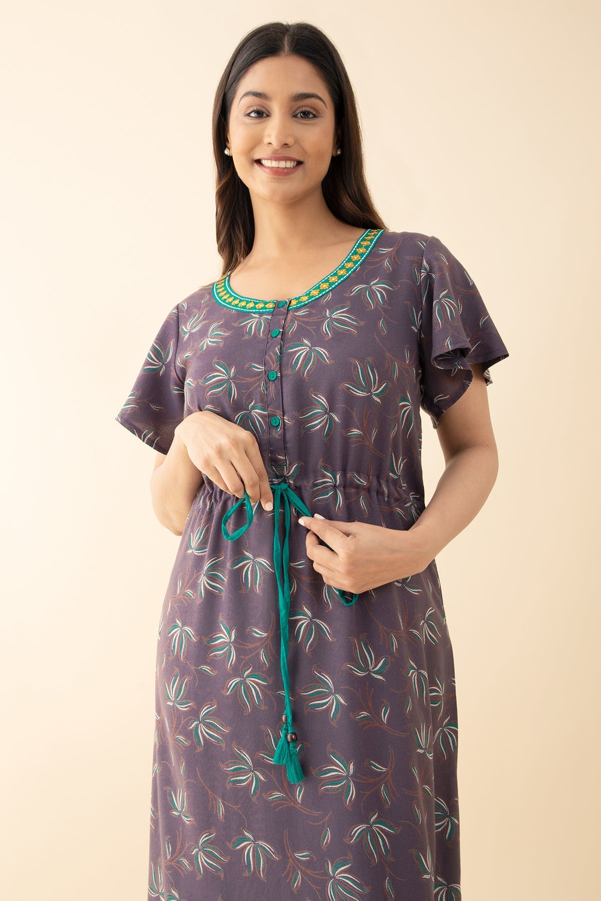 Abstract Floral Printed Nighty with Waist Tie-up - Purple